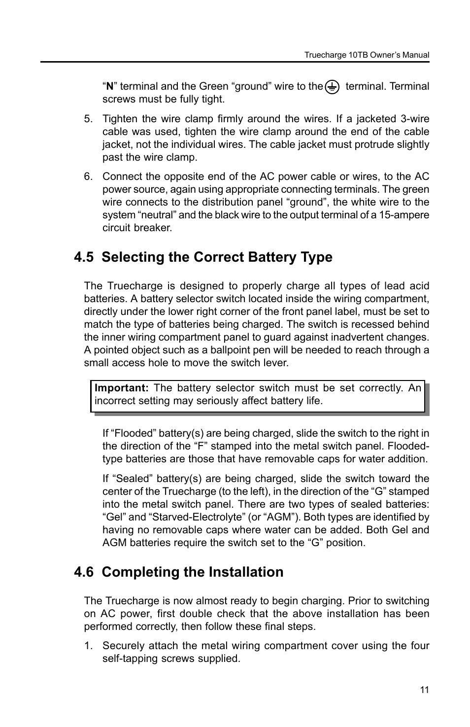 5 selecting the correct battery type, 6 completing the installation | Xantrex Technology TC10TB User Manual | Page 14 / 26