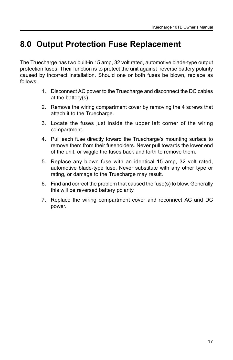 0 output protection fuse replacement | Xantrex Technology TC10TB User Manual | Page 20 / 26
