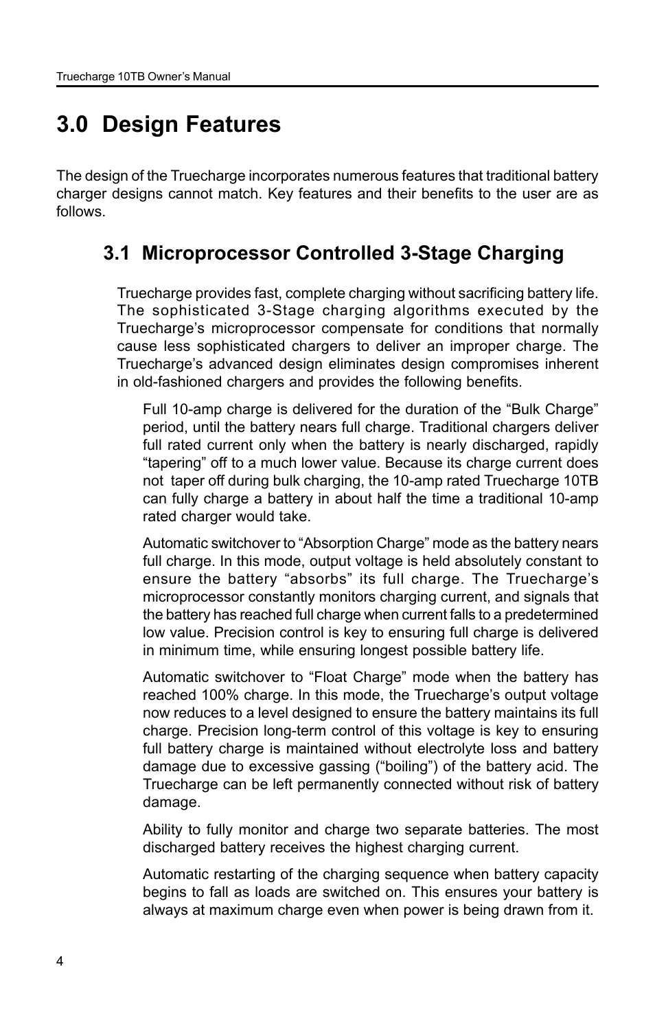 0 design features, 1 microprocessor controlled 3-stage charging | Xantrex Technology TC10TB User Manual | Page 7 / 26