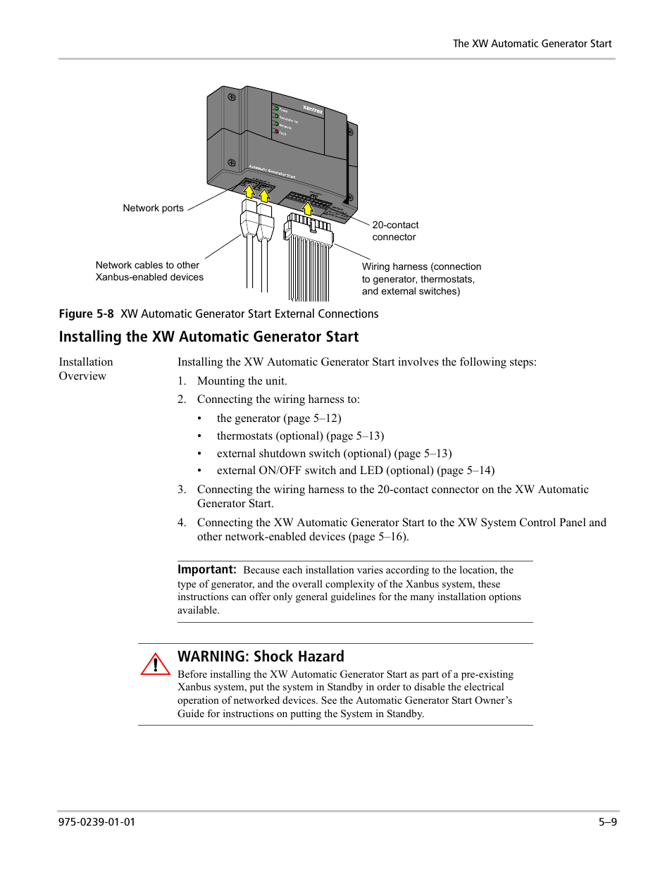 Installing the xw automatic generator start, Warning: shock hazard | Xantrex Technology XW POWER SYSTEM XW4024-120/240-60 User Manual | Page 101 / 136