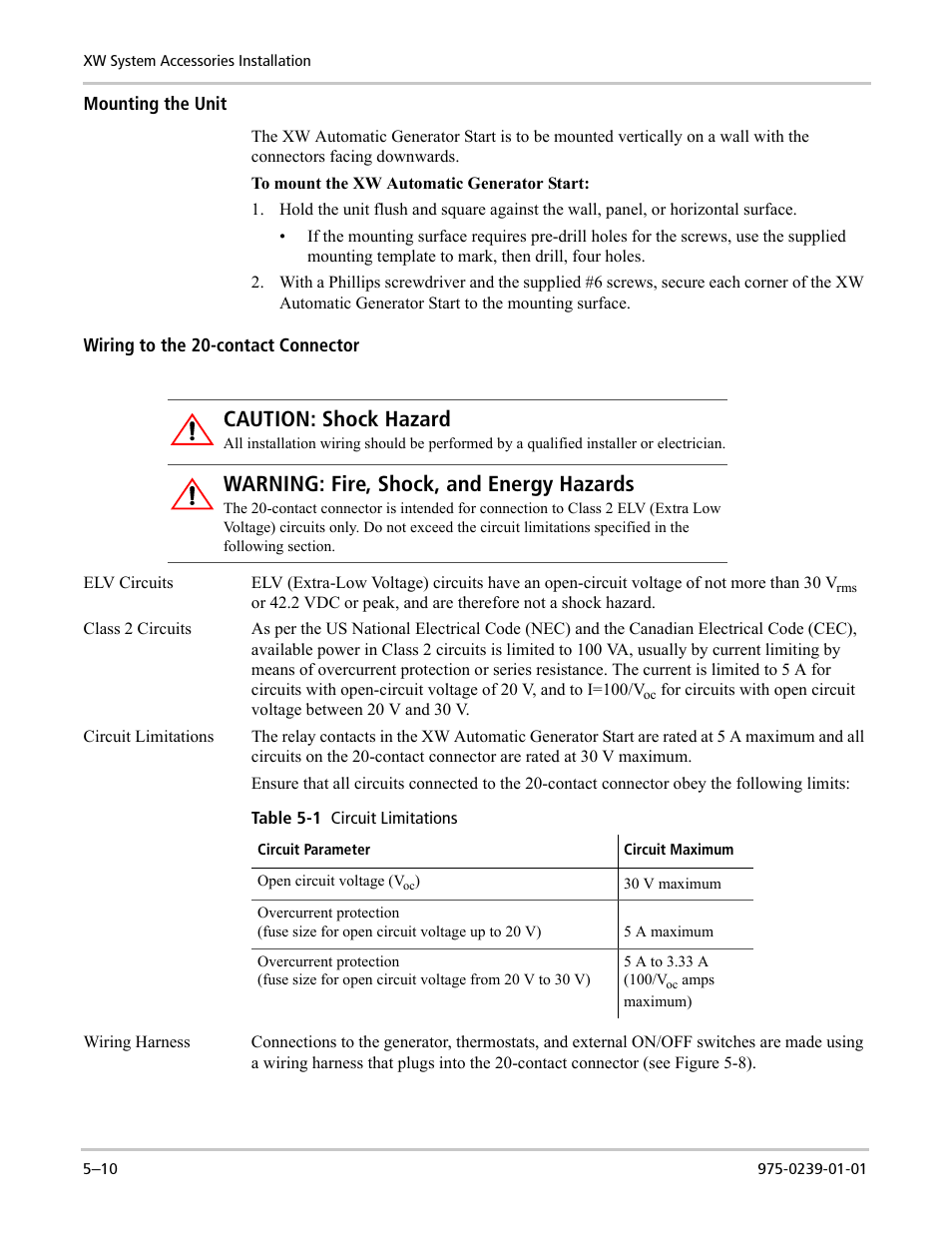 Caution: shock hazard, Warning: fire, shock, and energy hazards | Xantrex Technology XW POWER SYSTEM XW4024-120/240-60 User Manual | Page 102 / 136
