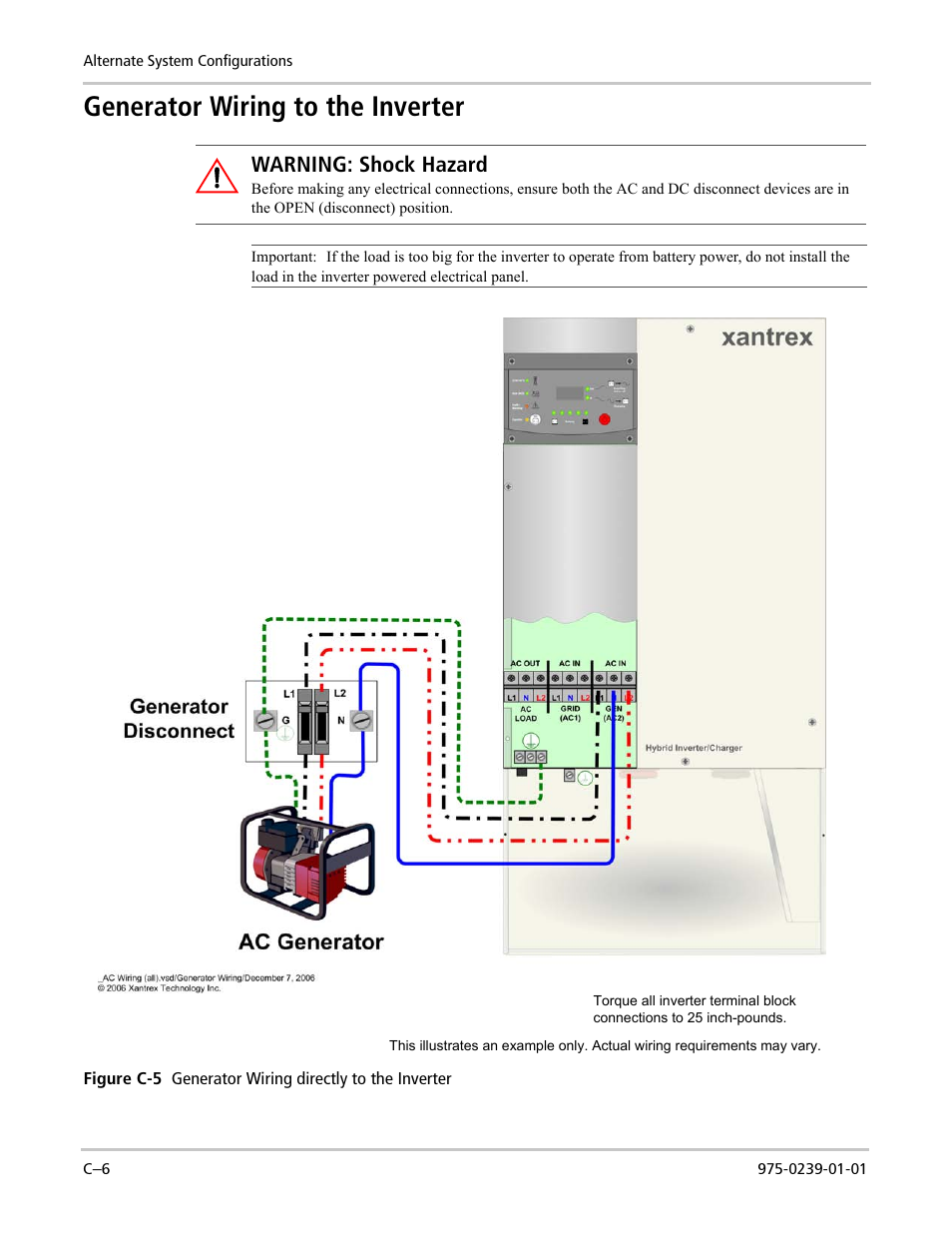 Generator wiring to the inverter, Warning: shock hazard | Xantrex Technology XW POWER SYSTEM XW4024-120/240-60 User Manual | Page 130 / 136