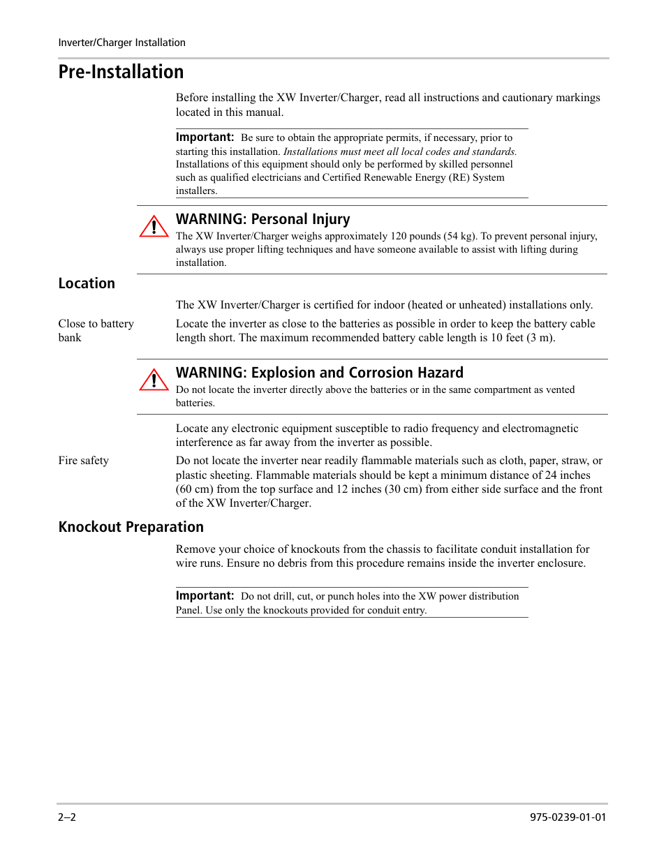 Pre-installation, Location, Knockout preparation | Warning: personal injury, Warning: explosion and corrosion hazard | Xantrex Technology XW POWER SYSTEM XW4024-120/240-60 User Manual | Page 26 / 136