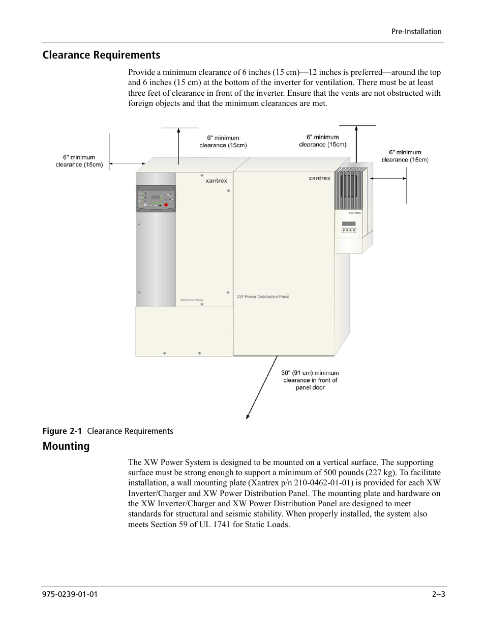 Clearance requirements, Mounting | Xantrex Technology XW POWER SYSTEM XW4024-120/240-60 User Manual | Page 27 / 136