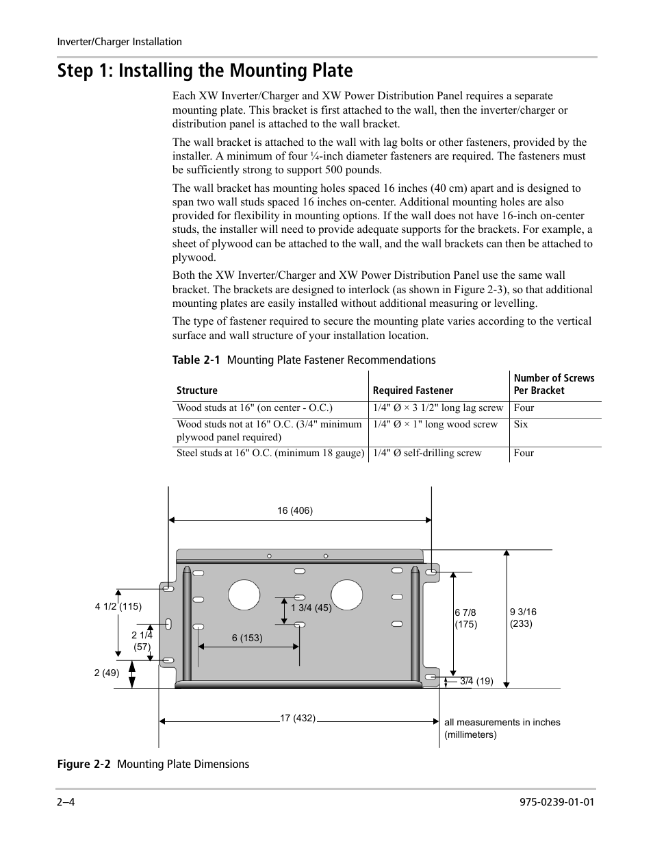 Step 1: installing the mounting plate | Xantrex Technology XW POWER SYSTEM XW4024-120/240-60 User Manual | Page 28 / 136