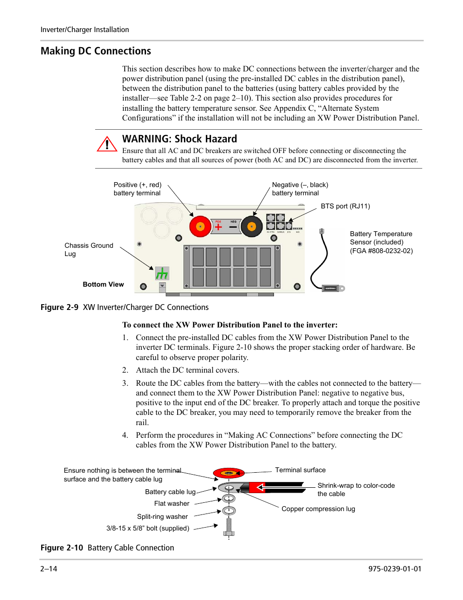 Making dc connections, Warning: shock hazard | Xantrex Technology XW POWER SYSTEM XW4024-120/240-60 User Manual | Page 38 / 136