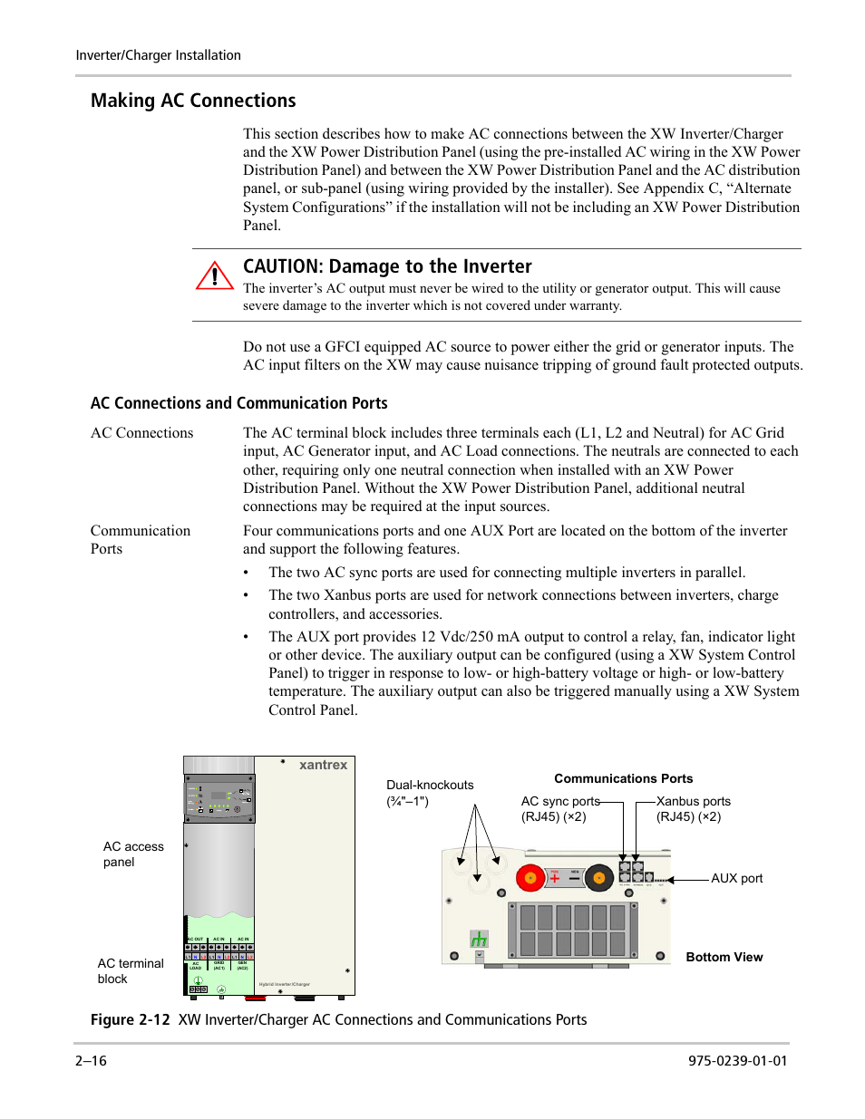 Making ac connections, Caution: damage to the inverter, Ac connections and communication ports | Xantrex Technology XW POWER SYSTEM XW4024-120/240-60 User Manual | Page 40 / 136