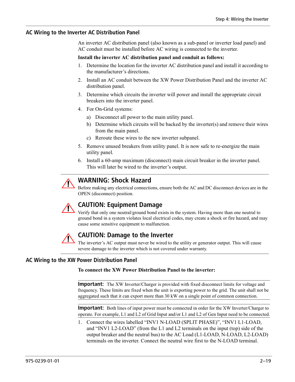 Warning: shock hazard, Caution: equipment damage, Caution: damage to the inverter | Xantrex Technology XW POWER SYSTEM XW4024-120/240-60 User Manual | Page 43 / 136