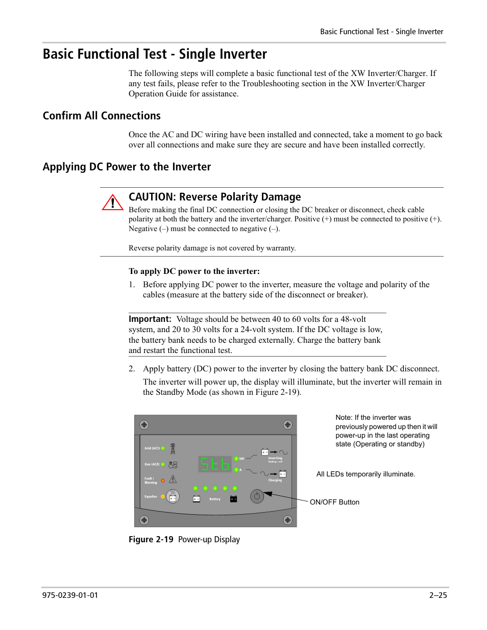 Basic functional test - single inverter, Confirm all connections, Applying dc power to the inverter | Caution: reverse polarity damage | Xantrex Technology XW POWER SYSTEM XW4024-120/240-60 User Manual | Page 49 / 136
