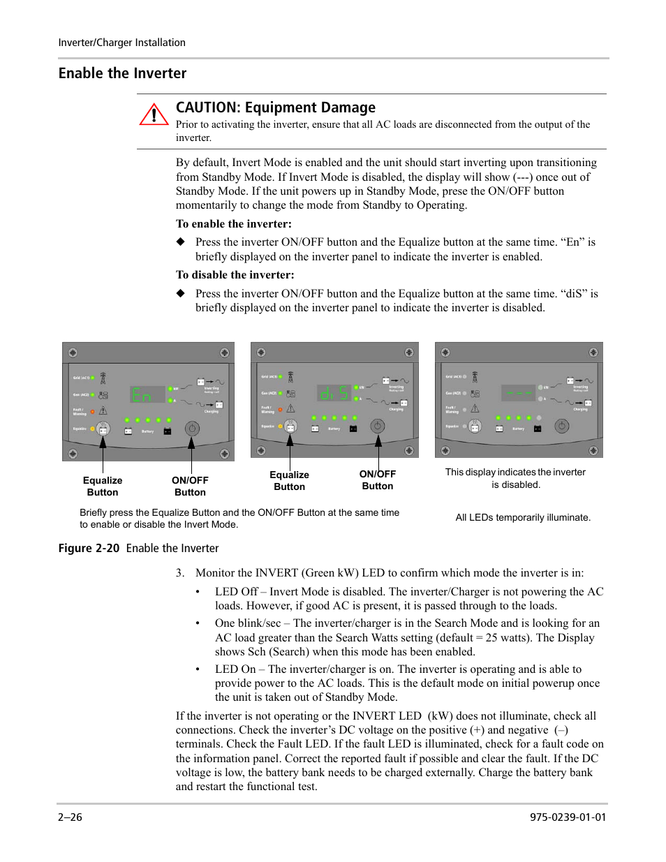 Enable the inverter, Caution: equipment damage | Xantrex Technology XW POWER SYSTEM XW4024-120/240-60 User Manual | Page 50 / 136