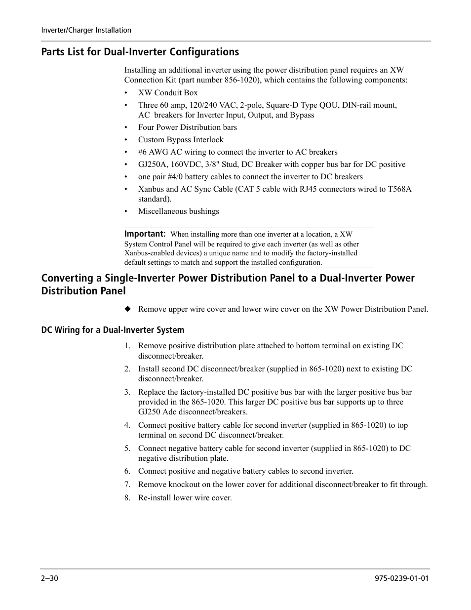 Parts list for dual-inverter configurations | Xantrex Technology XW POWER SYSTEM XW4024-120/240-60 User Manual | Page 54 / 136