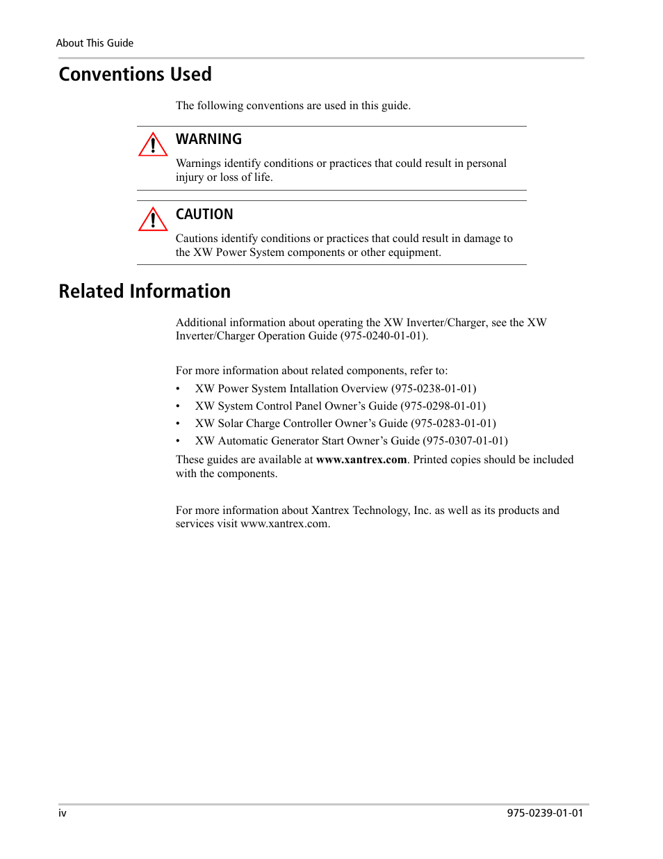 Conventions used, Related information | Xantrex Technology XW POWER SYSTEM XW4024-120/240-60 User Manual | Page 6 / 136