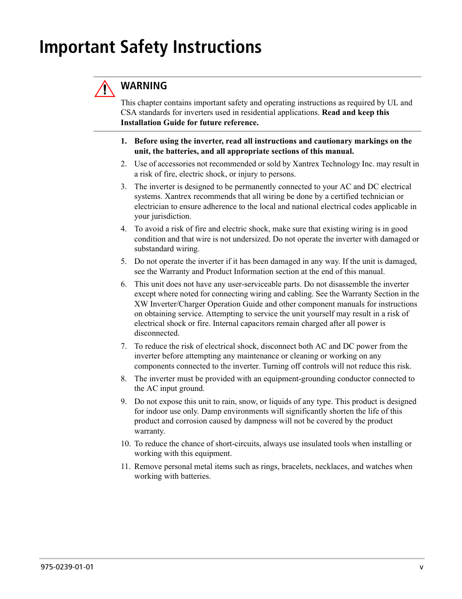 Important safety instructions | Xantrex Technology XW POWER SYSTEM XW4024-120/240-60 User Manual | Page 7 / 136