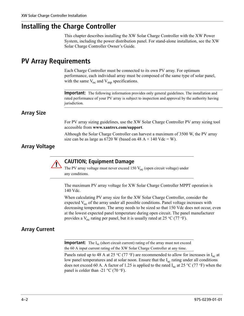 Installing the charge controller, Pv array requirements, Array size | Array voltage, Array current, Caution; equipment damage | Xantrex Technology XW POWER SYSTEM XW4024-120/240-60 User Manual | Page 78 / 136