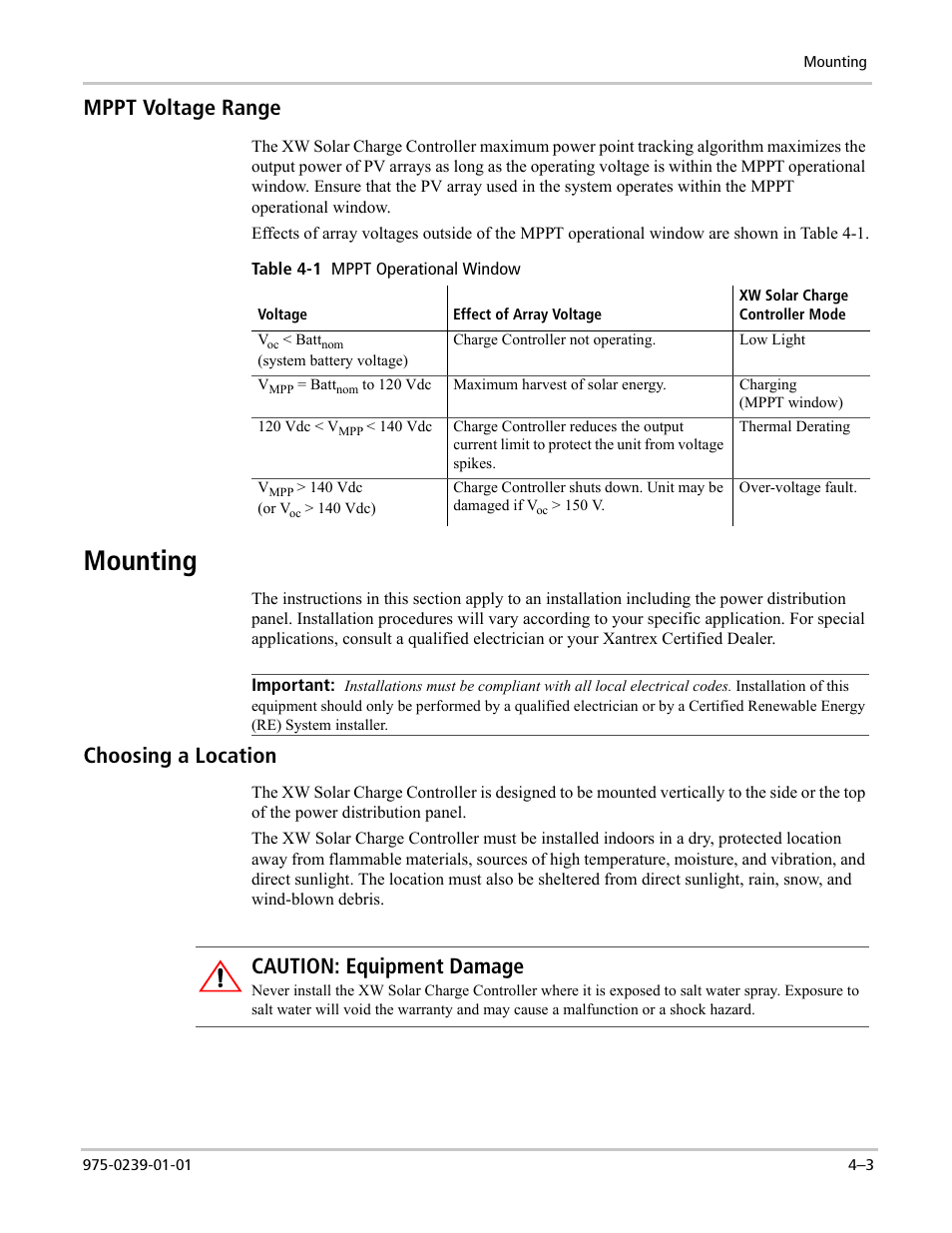 Mounting, Mppt voltage range, Choosing a location | Caution: equipment damage | Xantrex Technology XW POWER SYSTEM XW4024-120/240-60 User Manual | Page 79 / 136