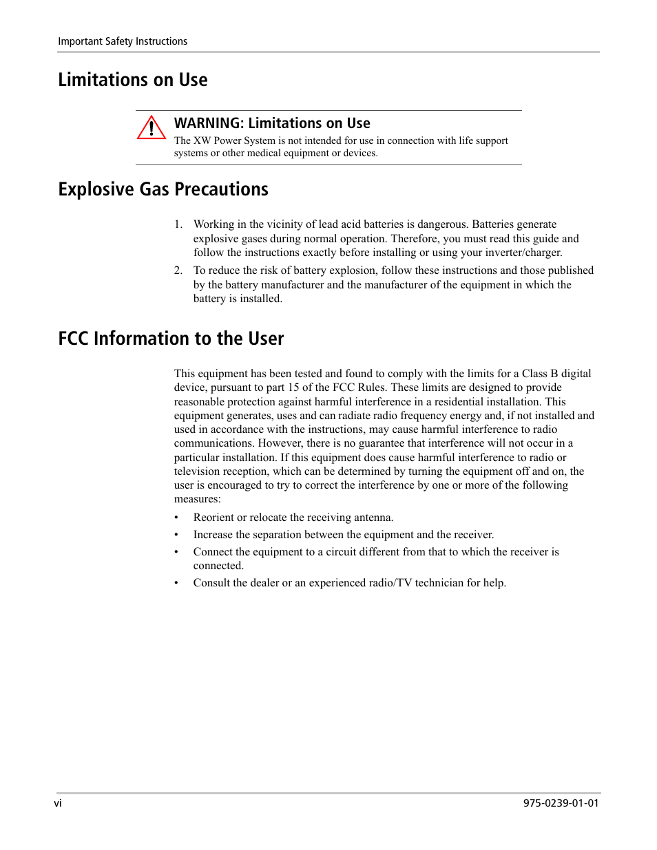 Limitations on use explosive gas precautions, Fcc information to the user | Xantrex Technology XW POWER SYSTEM XW4024-120/240-60 User Manual | Page 8 / 136