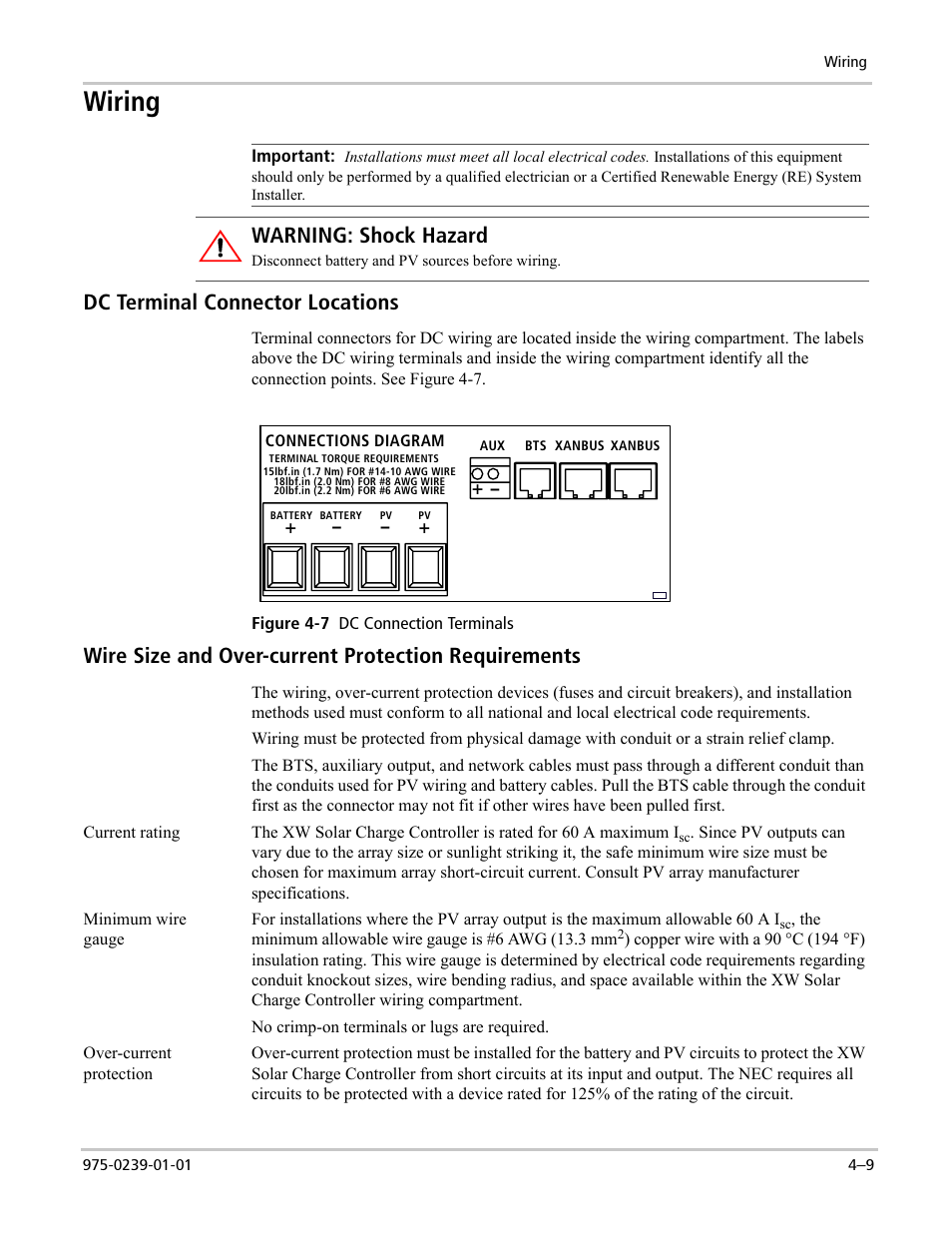 Wiring, Dc terminal connector locations, Wire size and over-current protection requirements | Warning: shock hazard | Xantrex Technology XW POWER SYSTEM XW4024-120/240-60 User Manual | Page 85 / 136