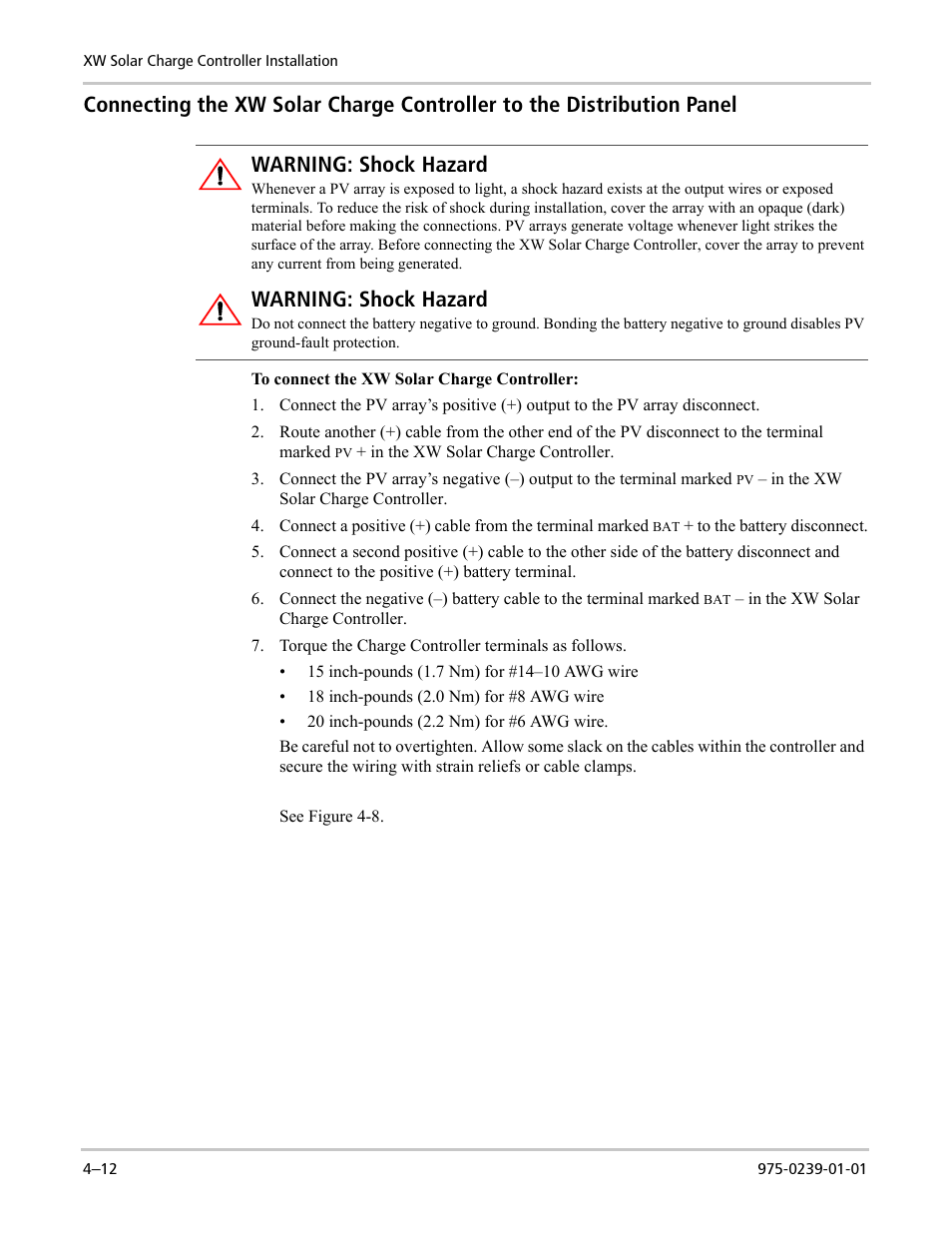 Warning: shock hazard | Xantrex Technology XW POWER SYSTEM XW4024-120/240-60 User Manual | Page 88 / 136