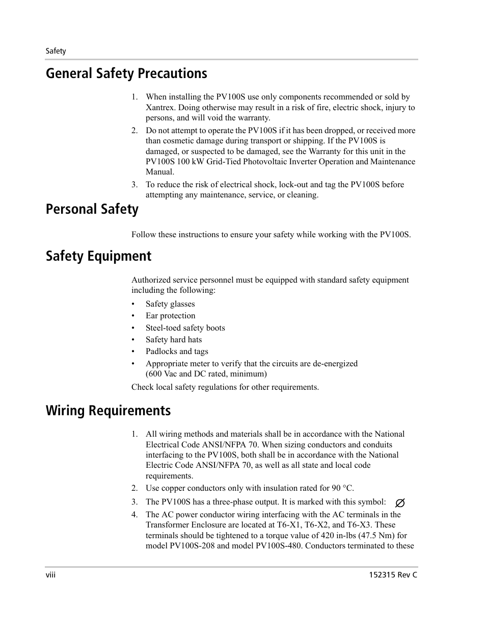 General safety precautions, Personal safety, Safety equipment | Wiring requirements | Xantrex Technology PV100S-480 User Manual | Page 10 / 90