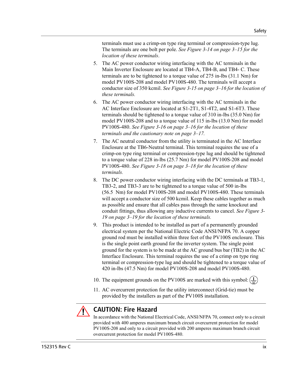 Caution: fire hazard | Xantrex Technology PV100S-480 User Manual | Page 11 / 90
