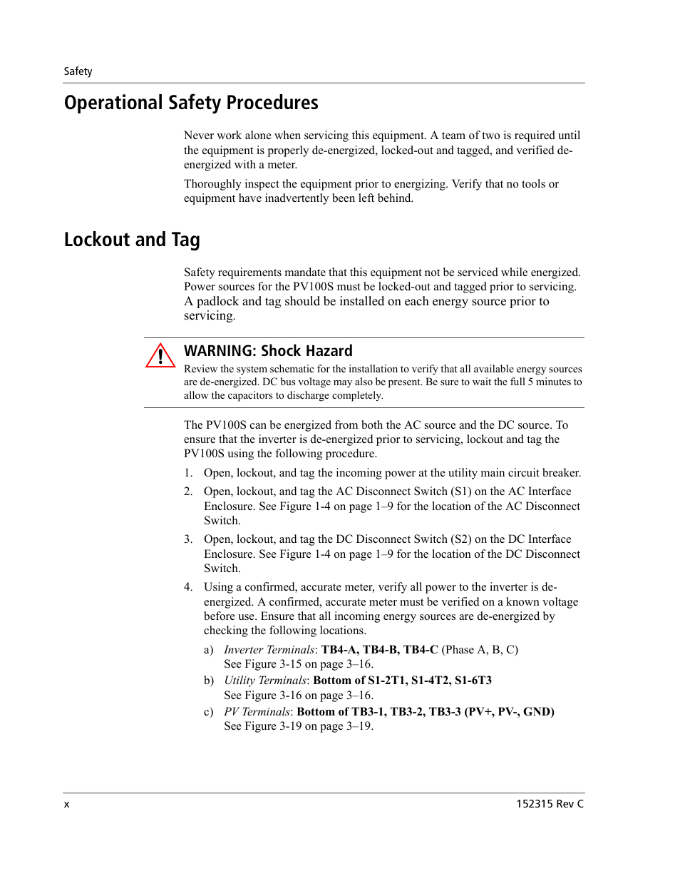 Operational safety procedures, Lockout and tag | Xantrex Technology PV100S-480 User Manual | Page 12 / 90