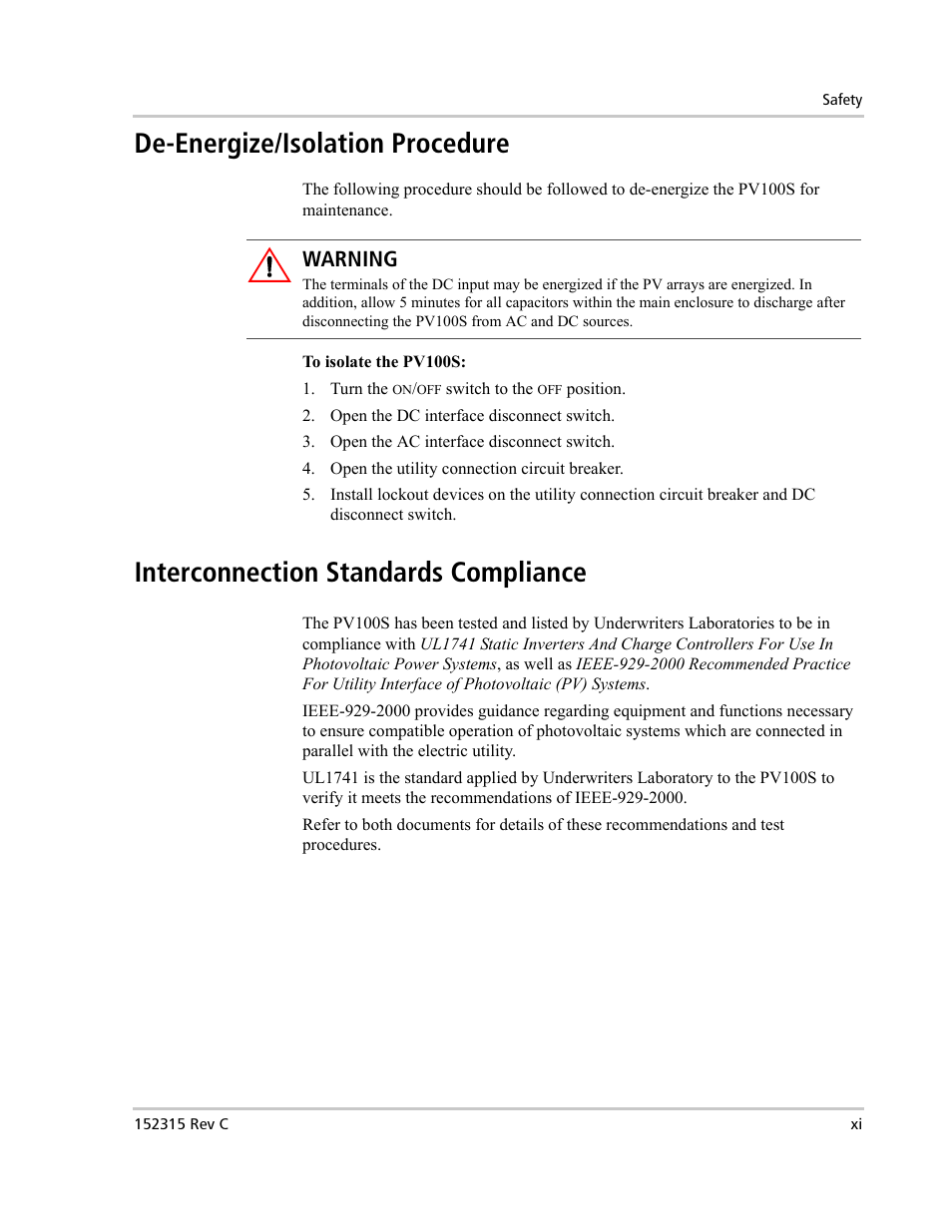 De-energize/isolation procedure, Interconnection standards compliance, Warning | Xantrex Technology PV100S-480 User Manual | Page 13 / 90