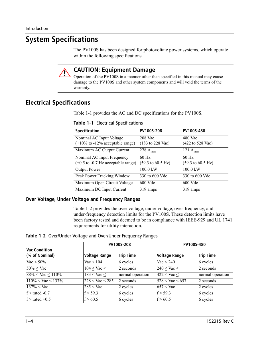 System specifications, Electrical specifications, Caution: equipment damage | Xantrex Technology PV100S-480 User Manual | Page 24 / 90