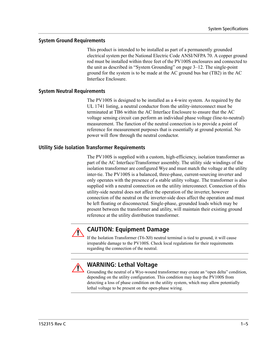 Caution: equipment damage, Warning: lethal voltage | Xantrex Technology PV100S-480 User Manual | Page 25 / 90