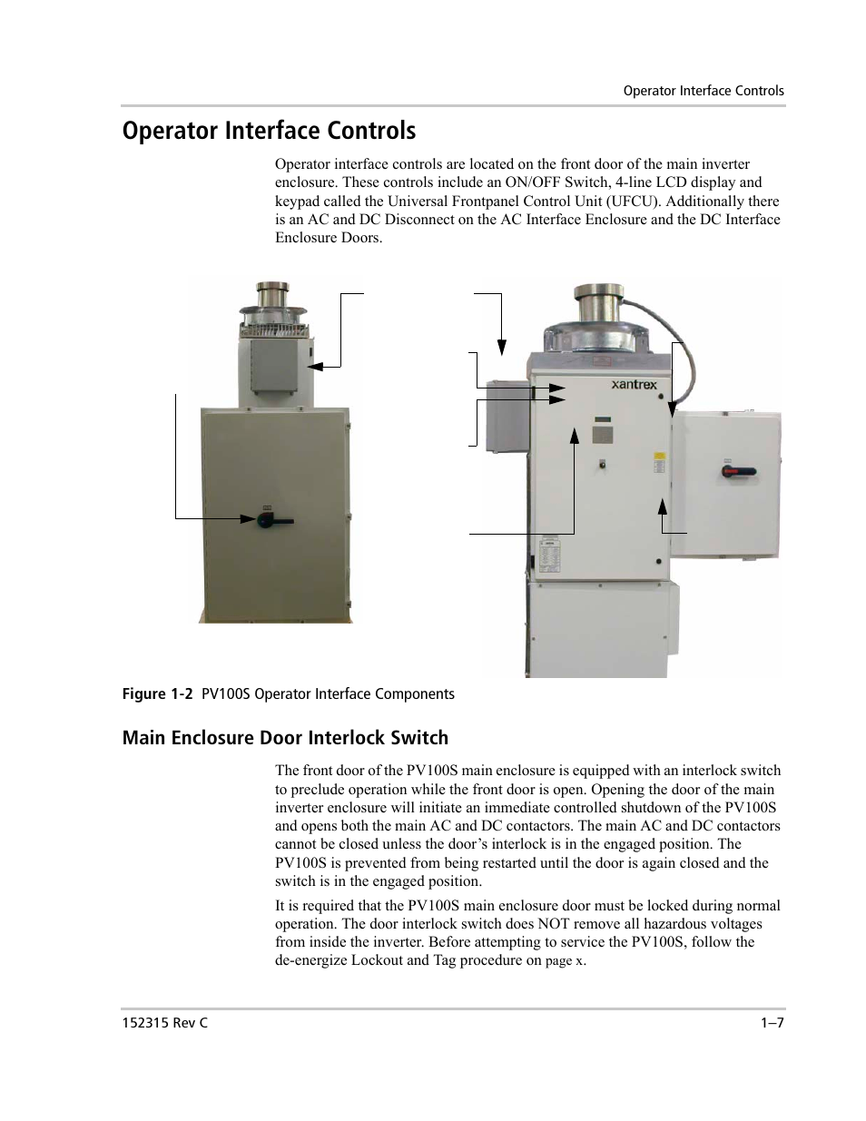 Operator interface controls, Main enclosure door interlock switch | Xantrex Technology PV100S-480 User Manual | Page 27 / 90