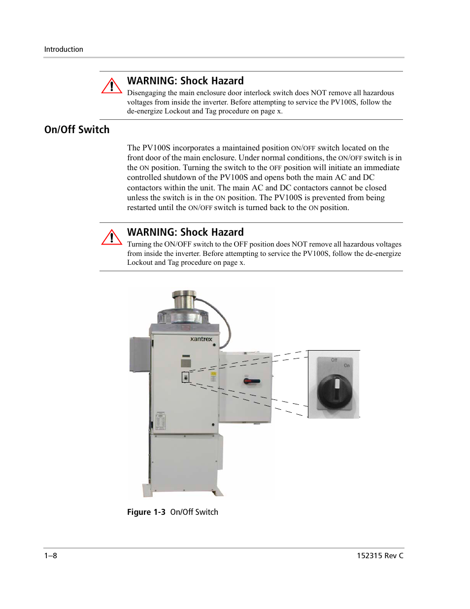 On/off switch, Warning: shock hazard | Xantrex Technology PV100S-480 User Manual | Page 28 / 90