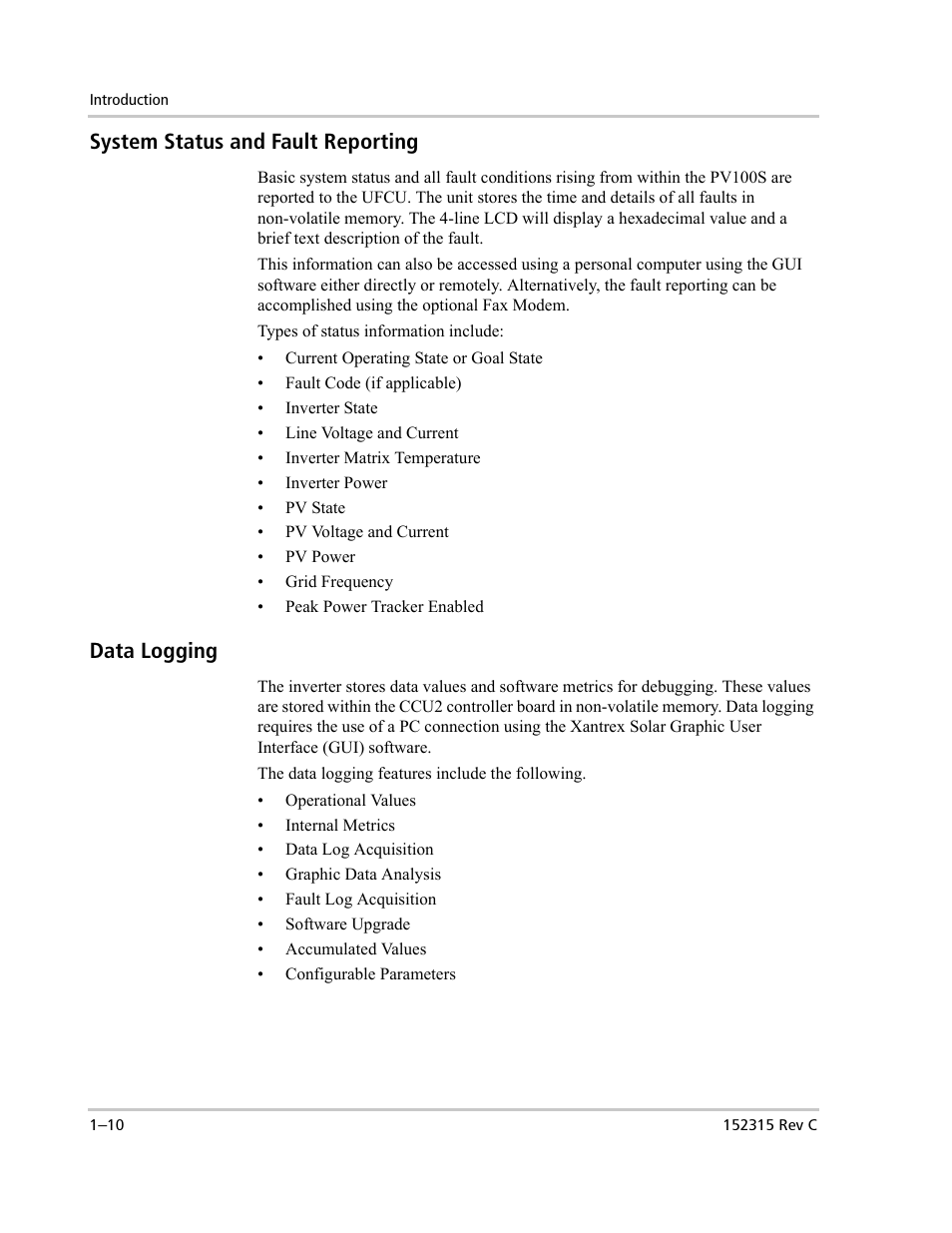 System status and fault reporting, Data logging | Xantrex Technology PV100S-480 User Manual | Page 30 / 90