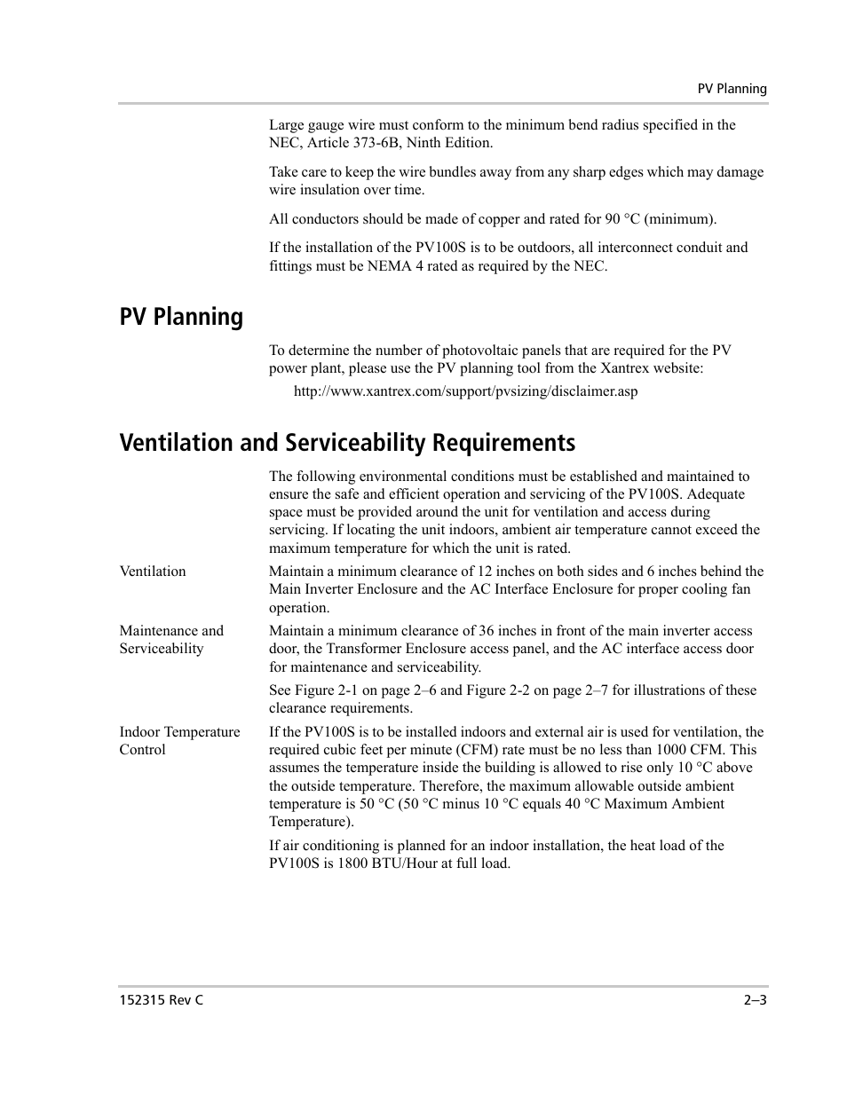 Pv planning, Ventilation and serviceability requirements | Xantrex Technology PV100S-480 User Manual | Page 37 / 90