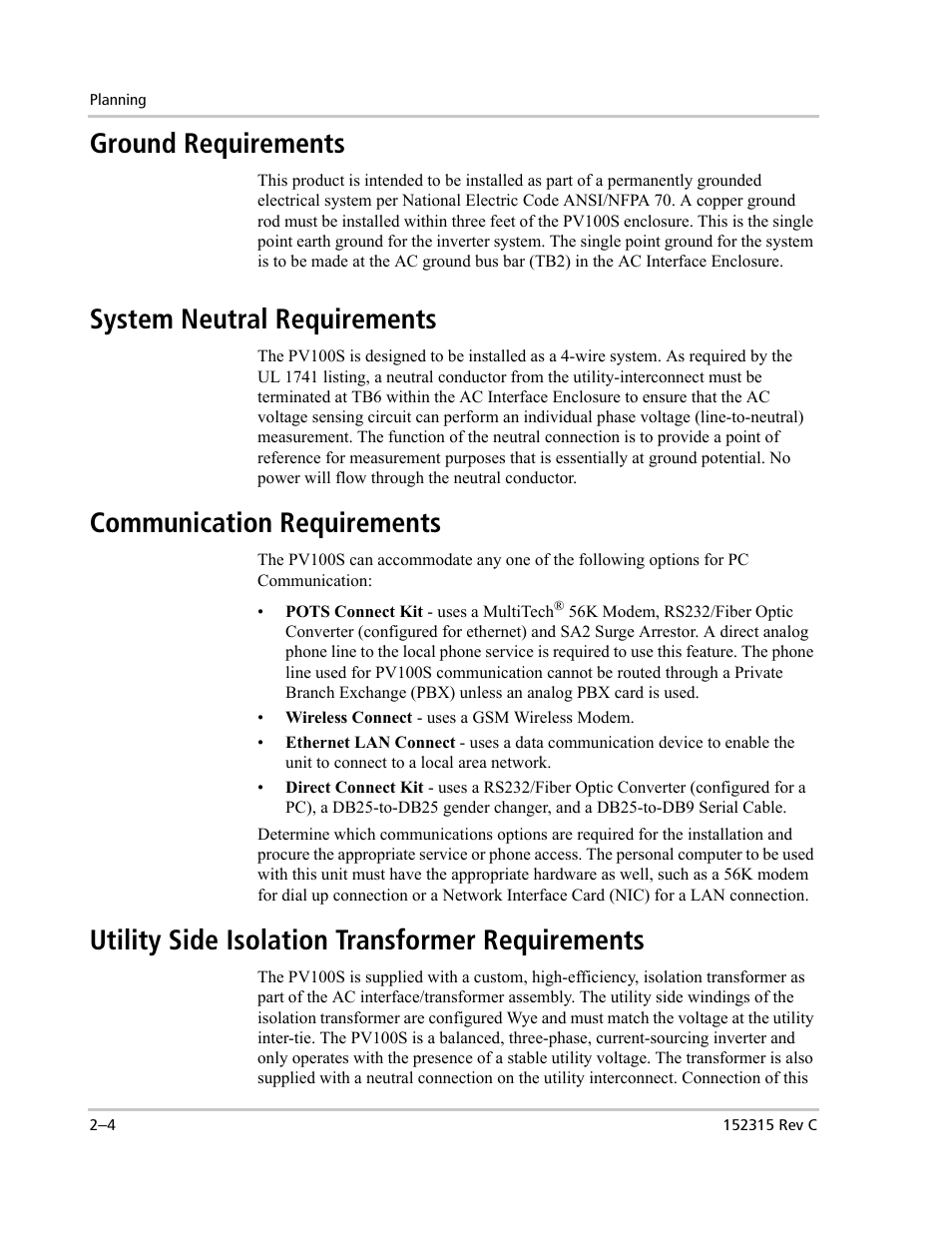 Ground requirements, System neutral requirements, Communication requirements | Utility side isolation transformer requirements | Xantrex Technology PV100S-480 User Manual | Page 38 / 90