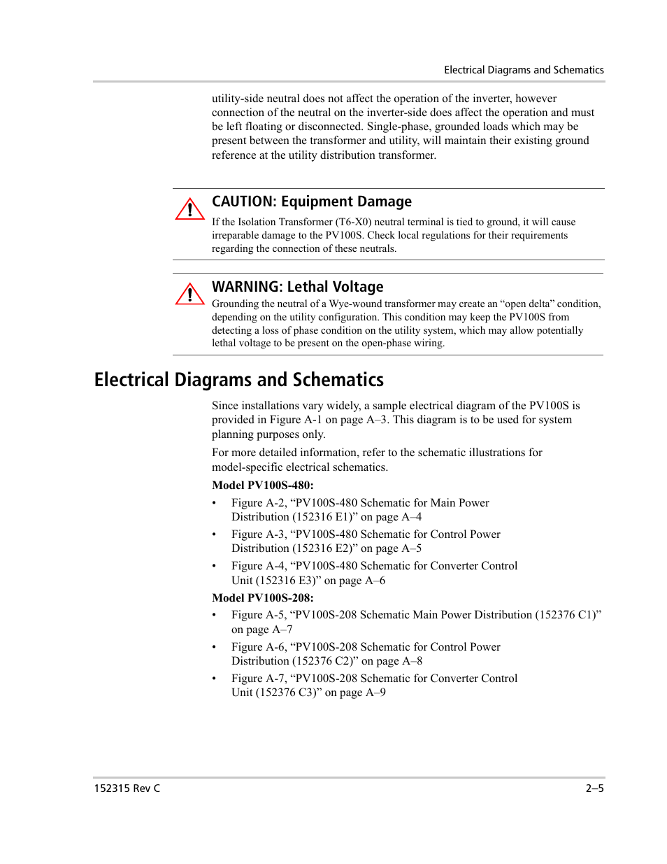 Electrical diagrams and schematics, Caution: equipment damage, Warning: lethal voltage | Xantrex Technology PV100S-480 User Manual | Page 39 / 90