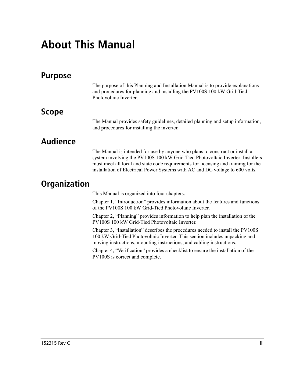 About this manual, Purpose, Scope | Audience, Organization | Xantrex Technology PV100S-480 User Manual | Page 5 / 90