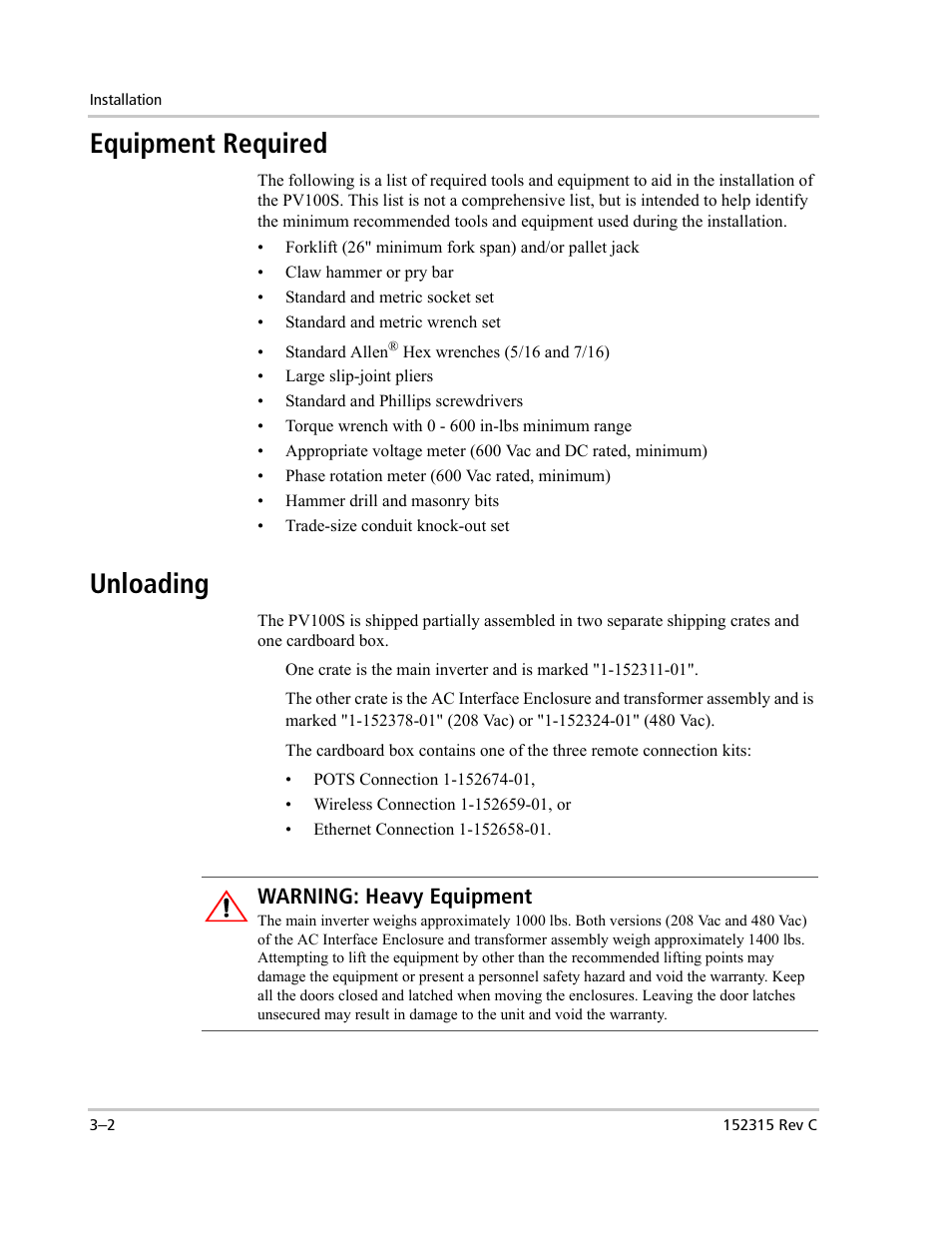 Equipment required, Unloading, Warning: heavy equipment | Xantrex Technology PV100S-480 User Manual | Page 50 / 90