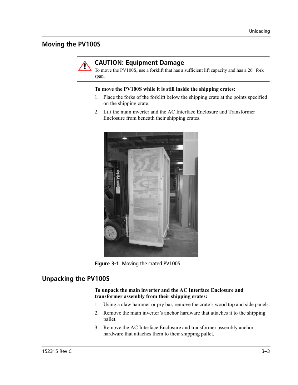 Moving the pv100s, Unpacking the pv100s, Caution: equipment damage | Xantrex Technology PV100S-480 User Manual | Page 51 / 90