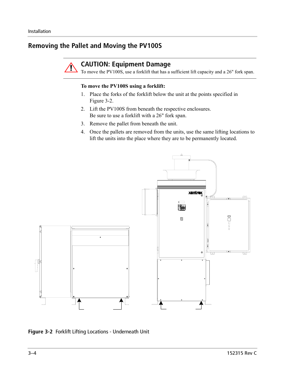 Removing the pallet and moving the pv100s, Caution: equipment damage | Xantrex Technology PV100S-480 User Manual | Page 52 / 90