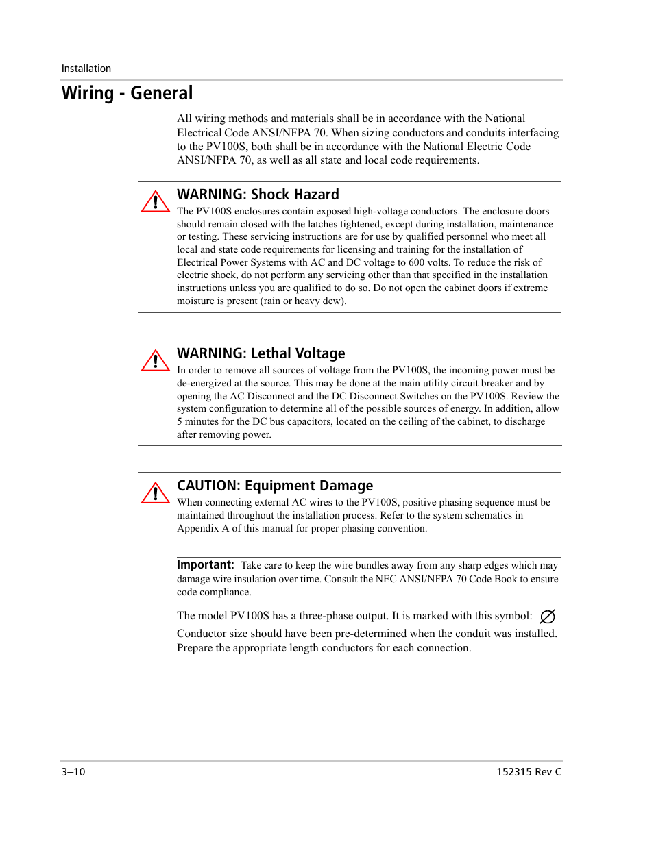 Wiring - general, Warning: shock hazard, Warning: lethal voltage | Caution: equipment damage | Xantrex Technology PV100S-480 User Manual | Page 58 / 90