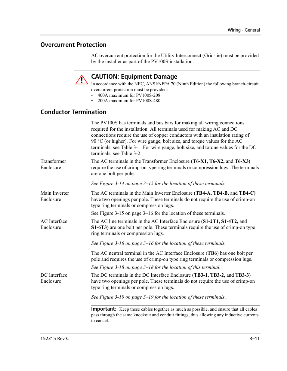 Overcurrent protection, Conductor termination, Caution: equipment damage | Xantrex Technology PV100S-480 User Manual | Page 59 / 90