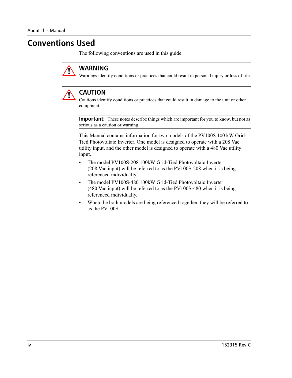 Conventions used, Warning, Caution | Xantrex Technology PV100S-480 User Manual | Page 6 / 90