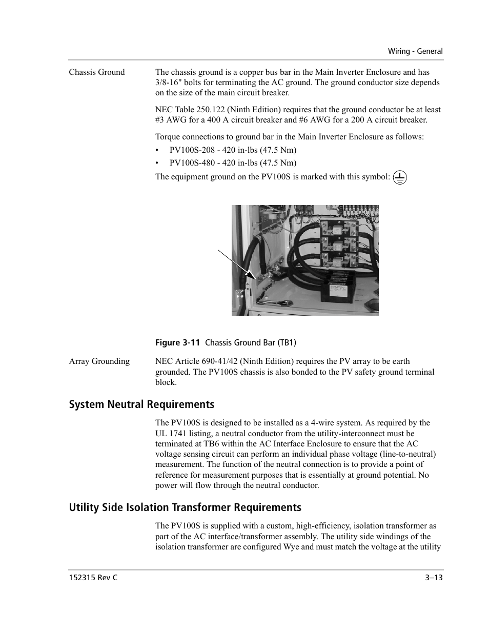 System neutral requirements, Utility side isolation transformer requirements | Xantrex Technology PV100S-480 User Manual | Page 61 / 90