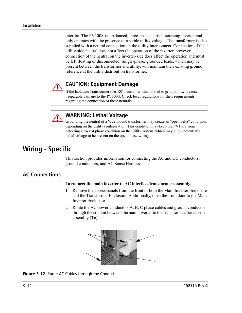 Wiring - specific, Ac connections, Caution: equipment damage | Warning: lethal voltage | Xantrex Technology PV100S-480 User Manual | Page 62 / 90