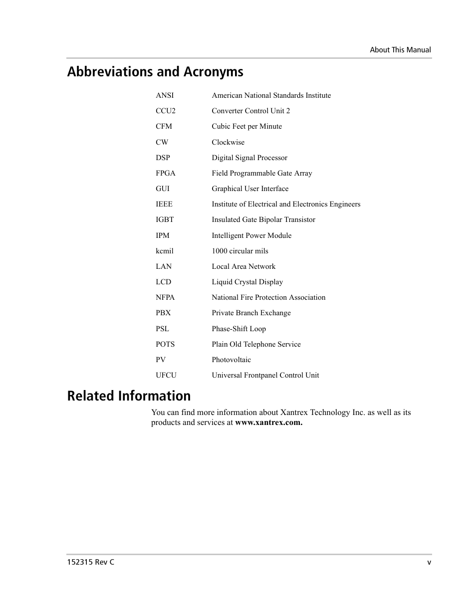 Abbreviations and acronyms related information | Xantrex Technology PV100S-480 User Manual | Page 7 / 90