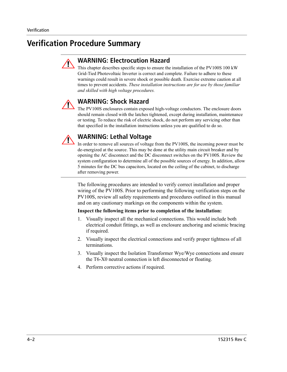 Verification procedure summary | Xantrex Technology PV100S-480 User Manual | Page 74 / 90