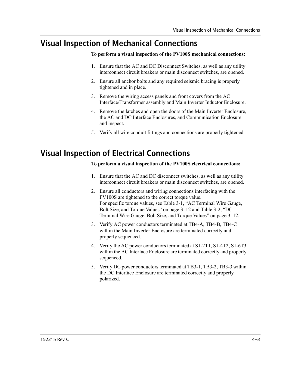 Visual inspection of mechanical connections, Visual inspection of electrical connections | Xantrex Technology PV100S-480 User Manual | Page 75 / 90