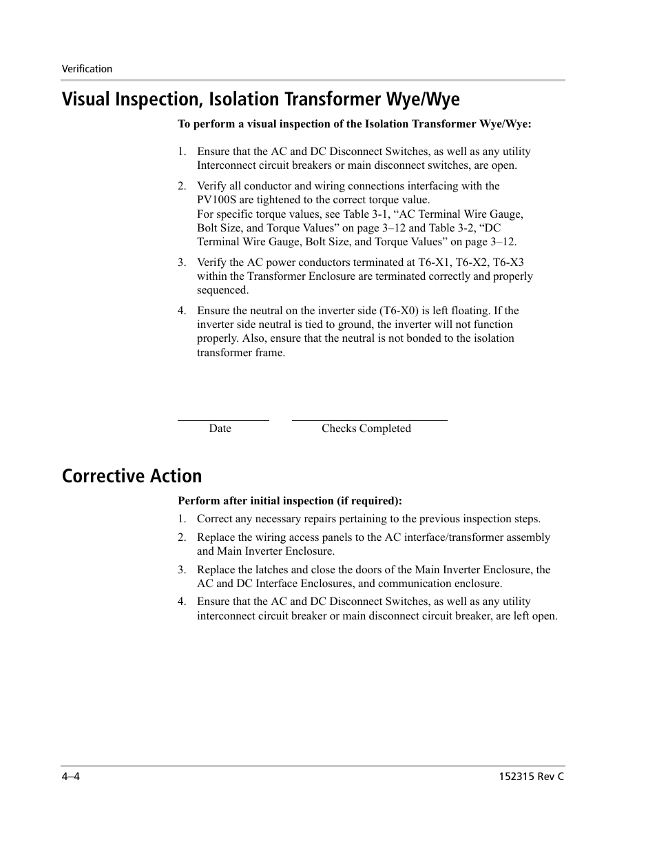 Visual inspection, isolation transformer wye/wye, Corrective action | Xantrex Technology PV100S-480 User Manual | Page 76 / 90