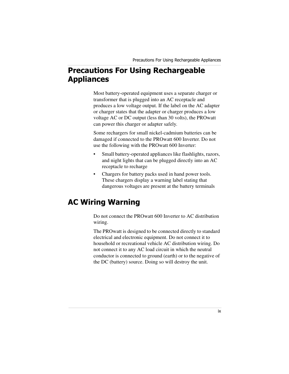 Precautions for using rechargeable appliances, Ac wiring warning | Xantrex Technology PROwatt 600 User Manual | Page 10 / 66