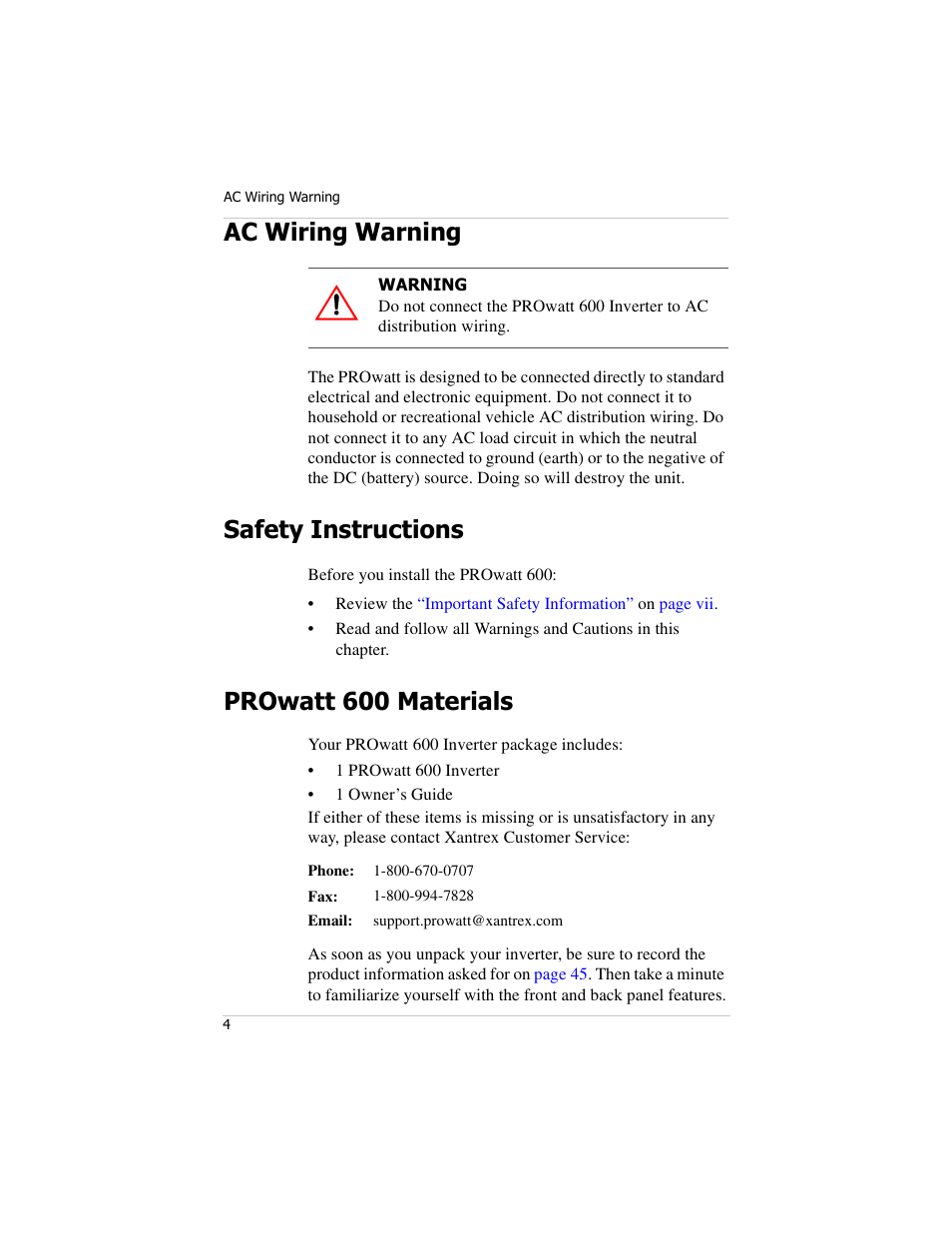 Ac wiring warning, Safety instructions, Prowatt 600 materials | Xantrex Technology PROwatt 600 User Manual | Page 19 / 66