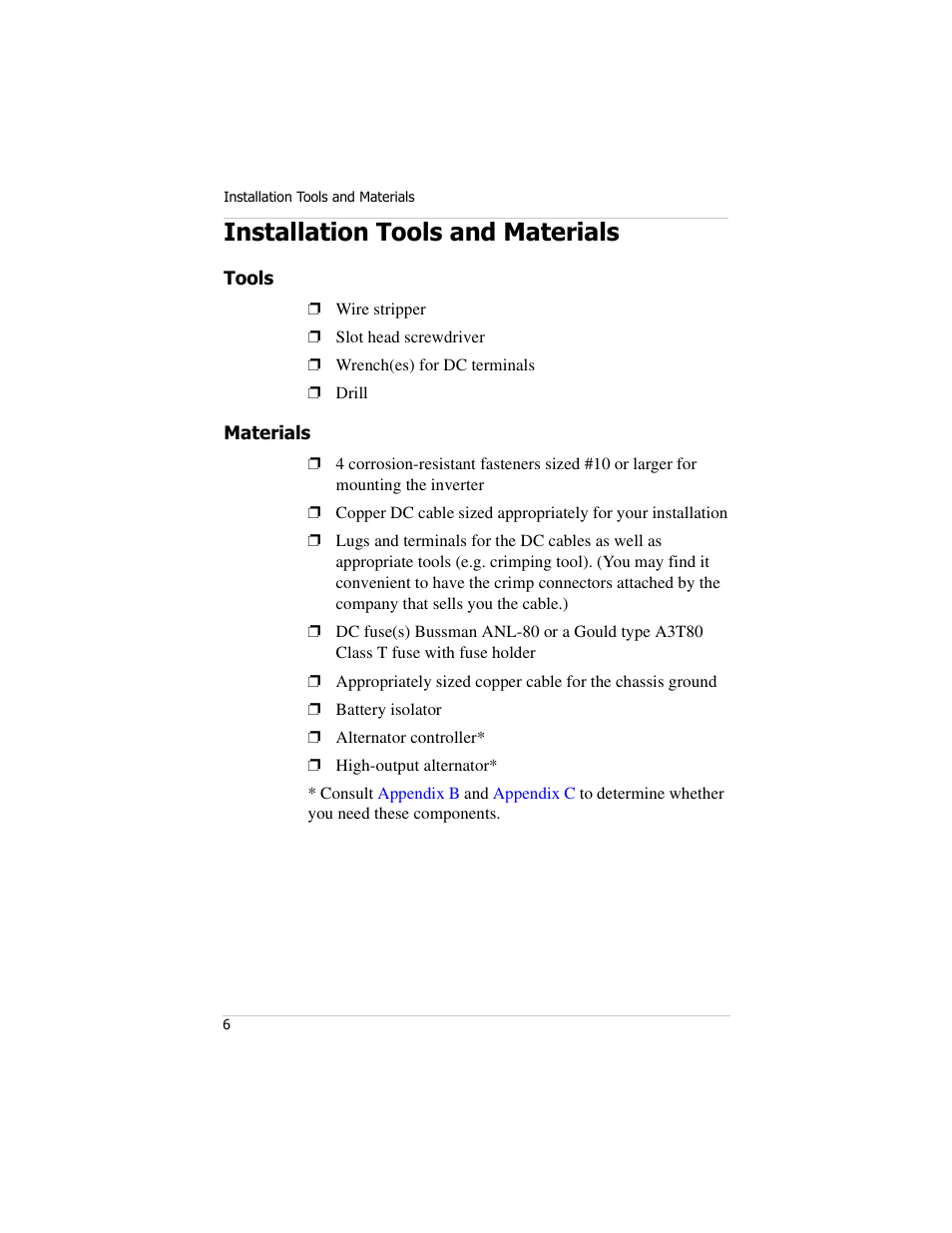 Installation tools and materials, Tools, Materials | Tools materials | Xantrex Technology PROwatt 600 User Manual | Page 21 / 66